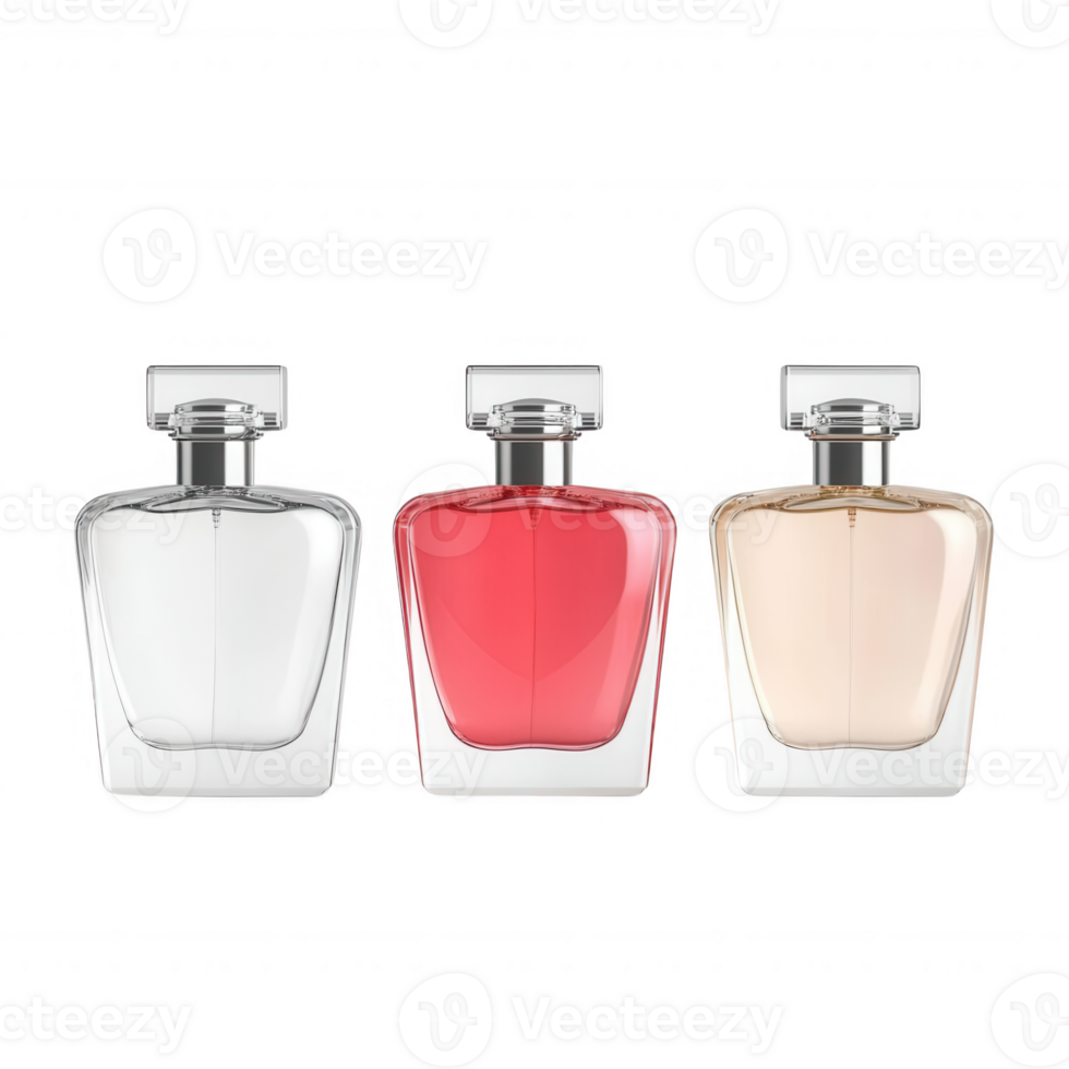 Three elegant perfume bottles in different colors showcasing luxury and style. png
