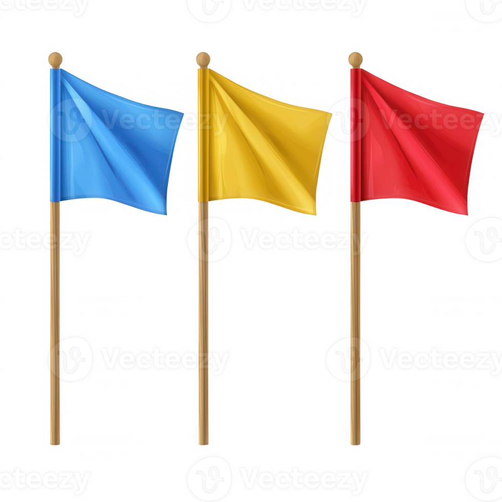 Three colorful flags waving gently in the breeze representing different ideas. png