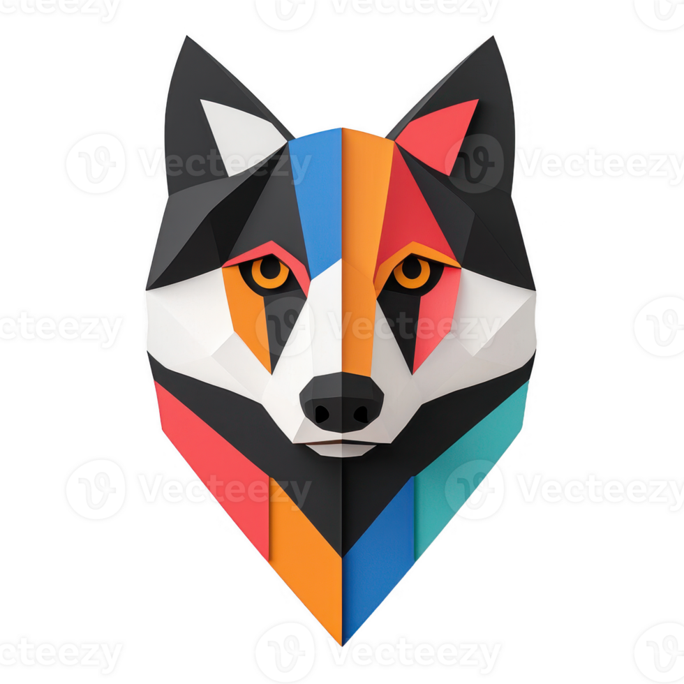 Stylized geometric wolf design featuring vibrant colors and sharp lines. png