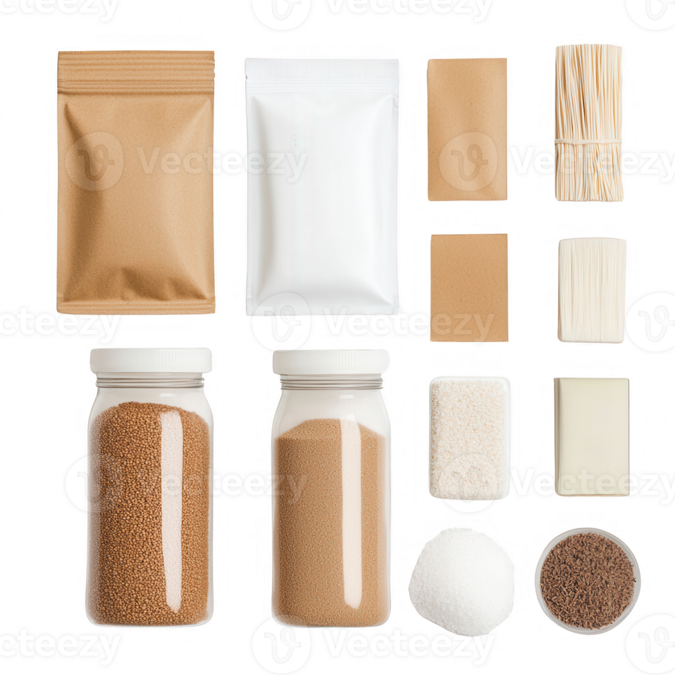 Various types of sugar and spice in containers and packets on a clean surface. png