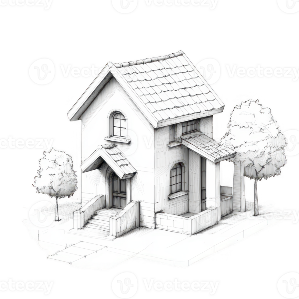 A charming small house design with trees and a pathway, ideal for architectural concepts. png