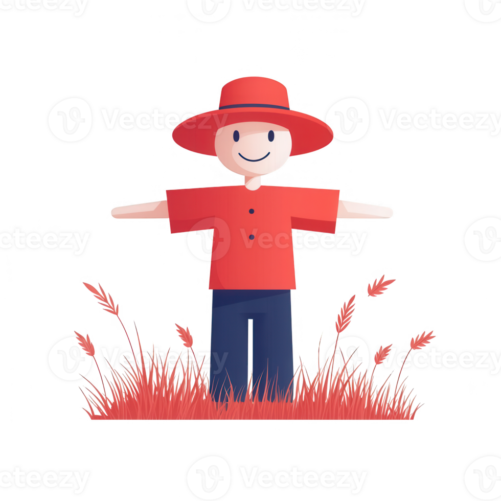 A cheerful scarecrow standing in a field of vibrant red grass, symbolizing harvest joy. png
