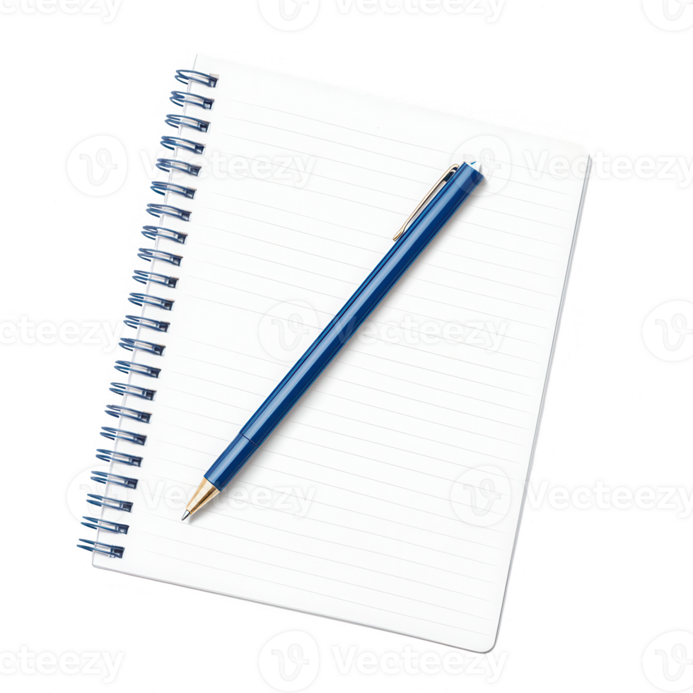 A blank notebook with a blue pen ready for ideas and notes to be written. png