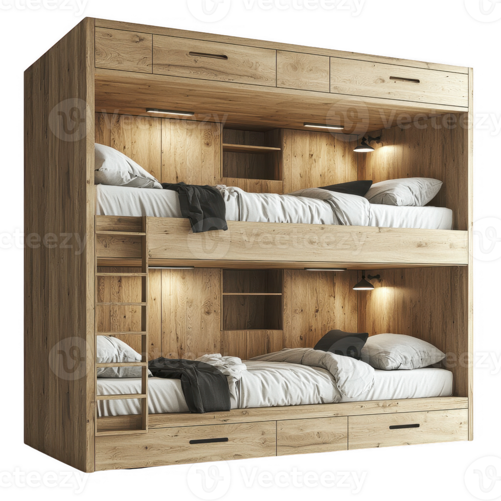 Stylish wooden bunk bed with storage for modern living spaces. png