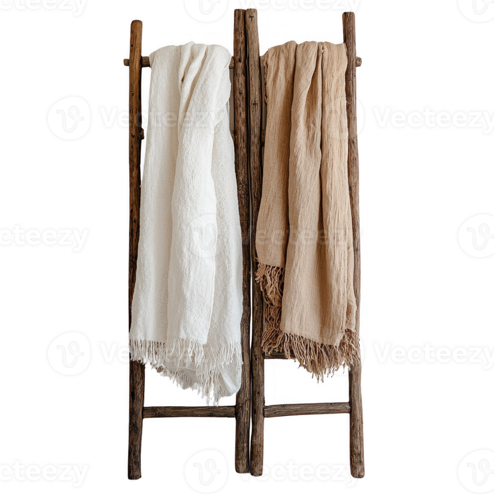 Two stylish scarves hang on a rustic wooden ladder, highlighting their elegant textures. png