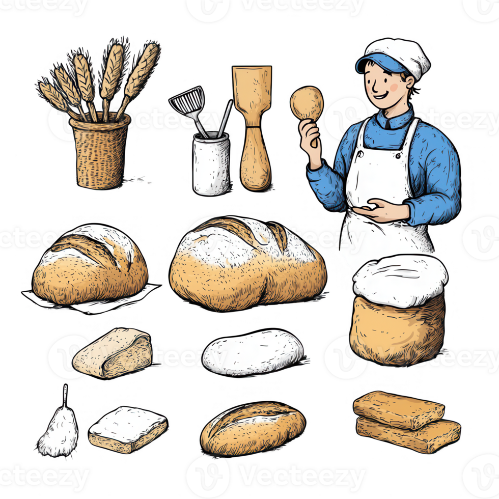 A cheerful baker displaying various types of freshly baked bread and tools. png