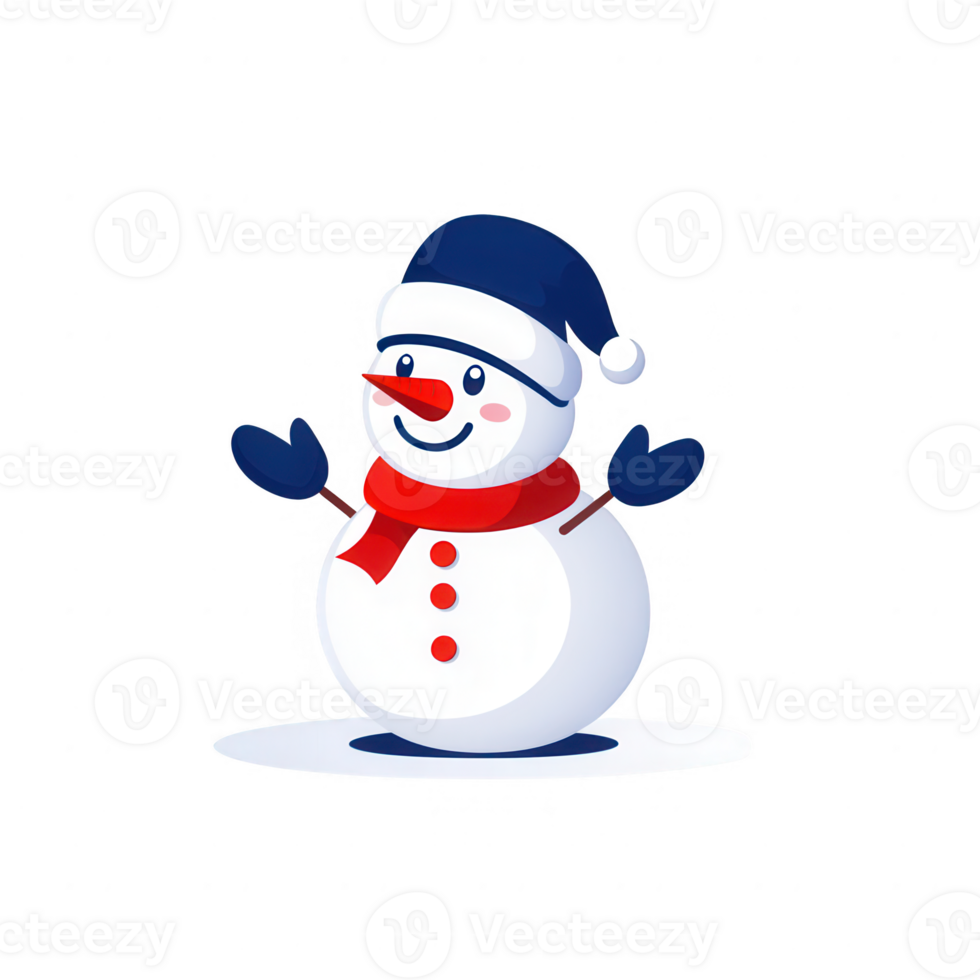 A cheerful snowman wearing a blue hat and red scarf, spreading winter joy. png