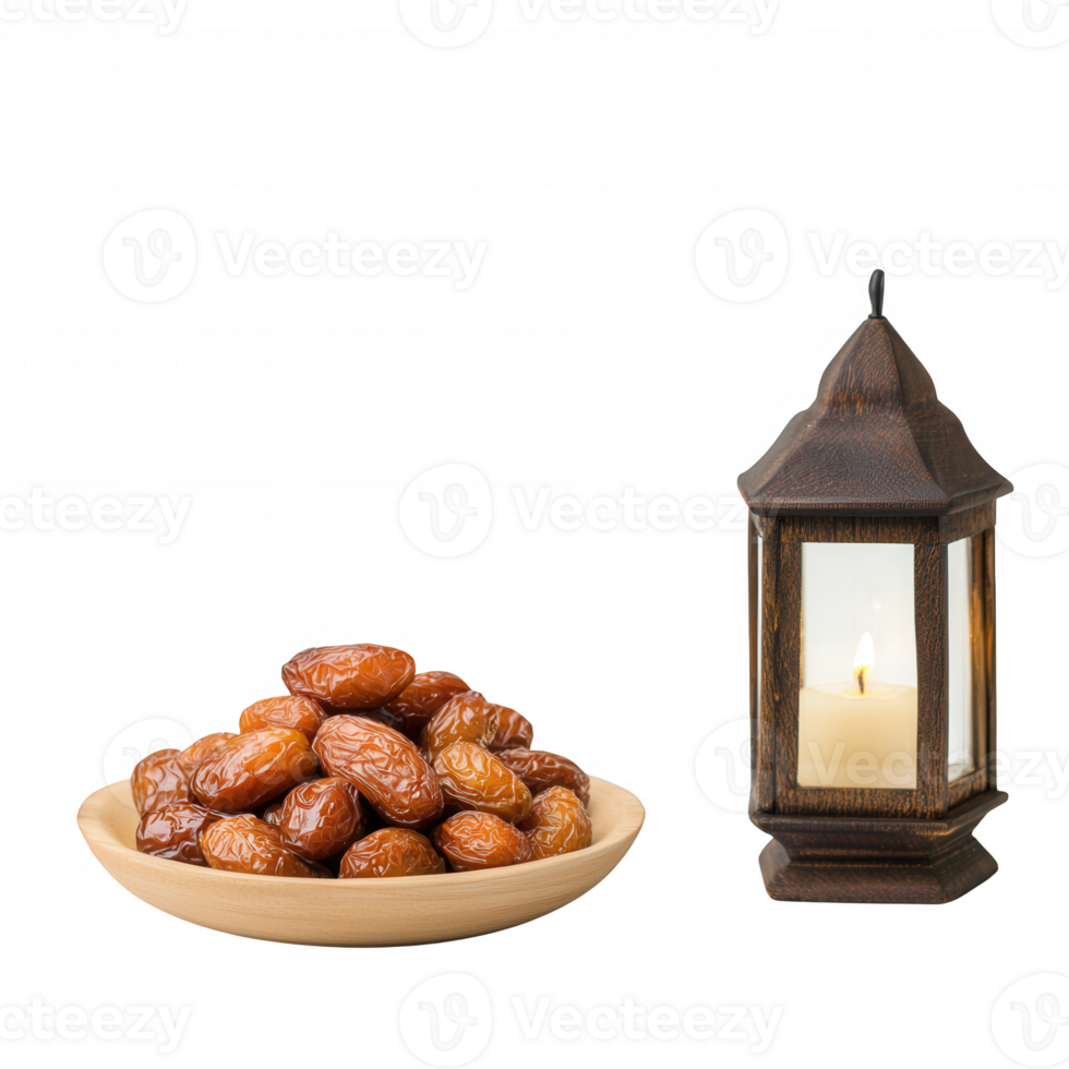 A bowl of dates next to a candle lantern, creating an inviting ambiance. png