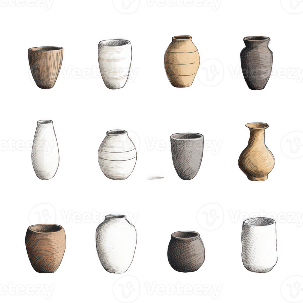 ein Sammlung von schön gefertigt Keramik Vasen im verschiedene Formen und Farben. png