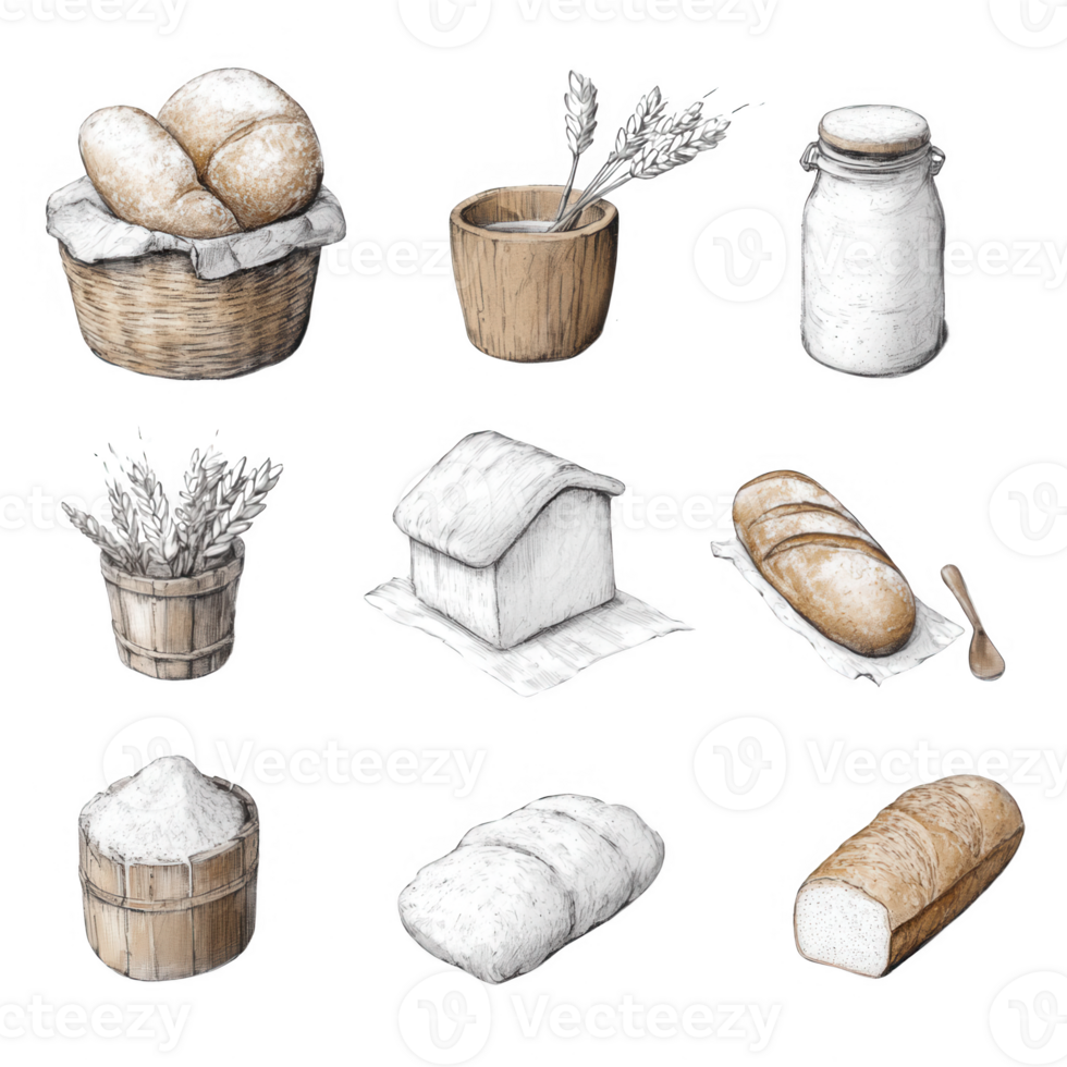 A collection of bread, wheat, and baking essentials in a rustic style. png