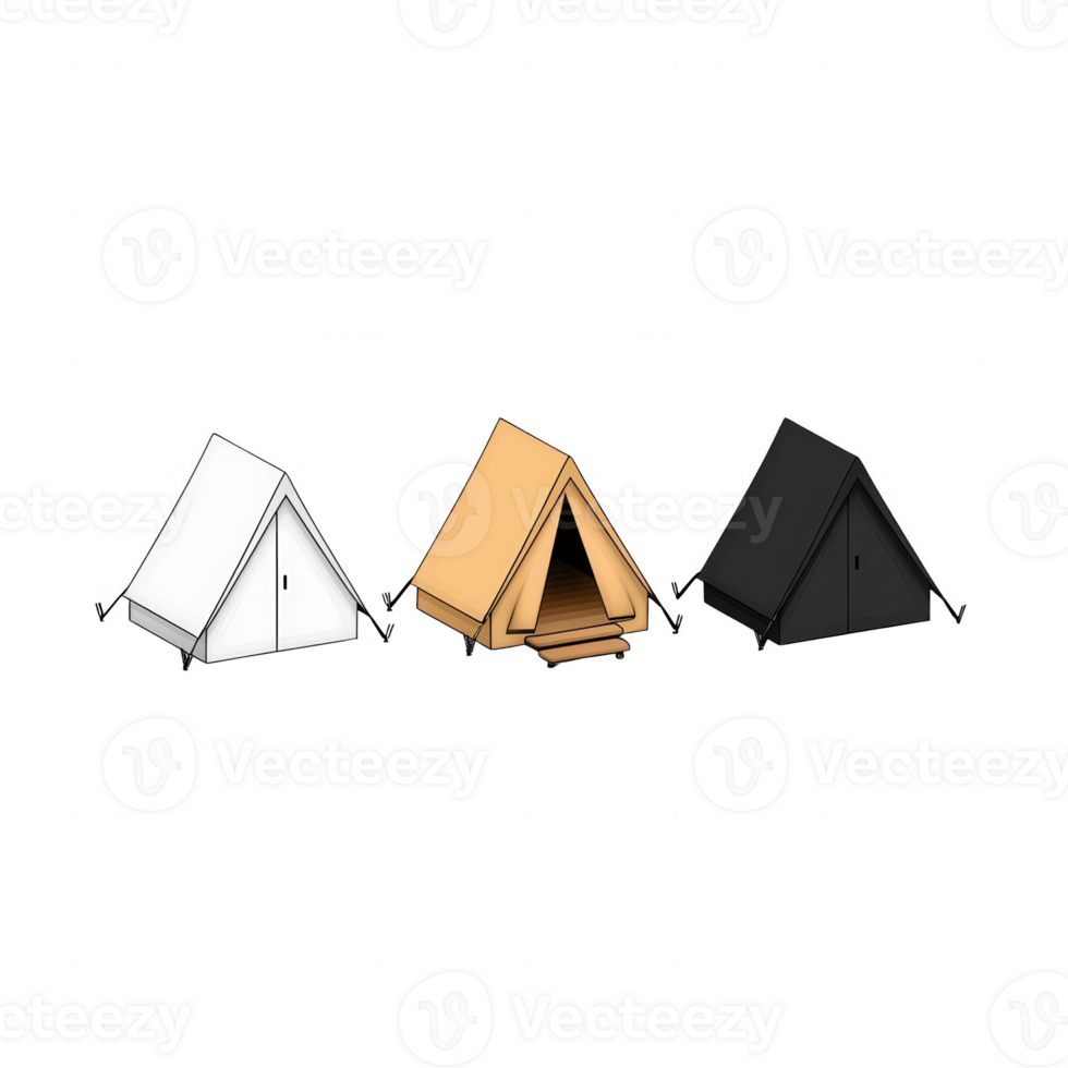 A collection of three camping tents in varying colors for outdoor adventures. png