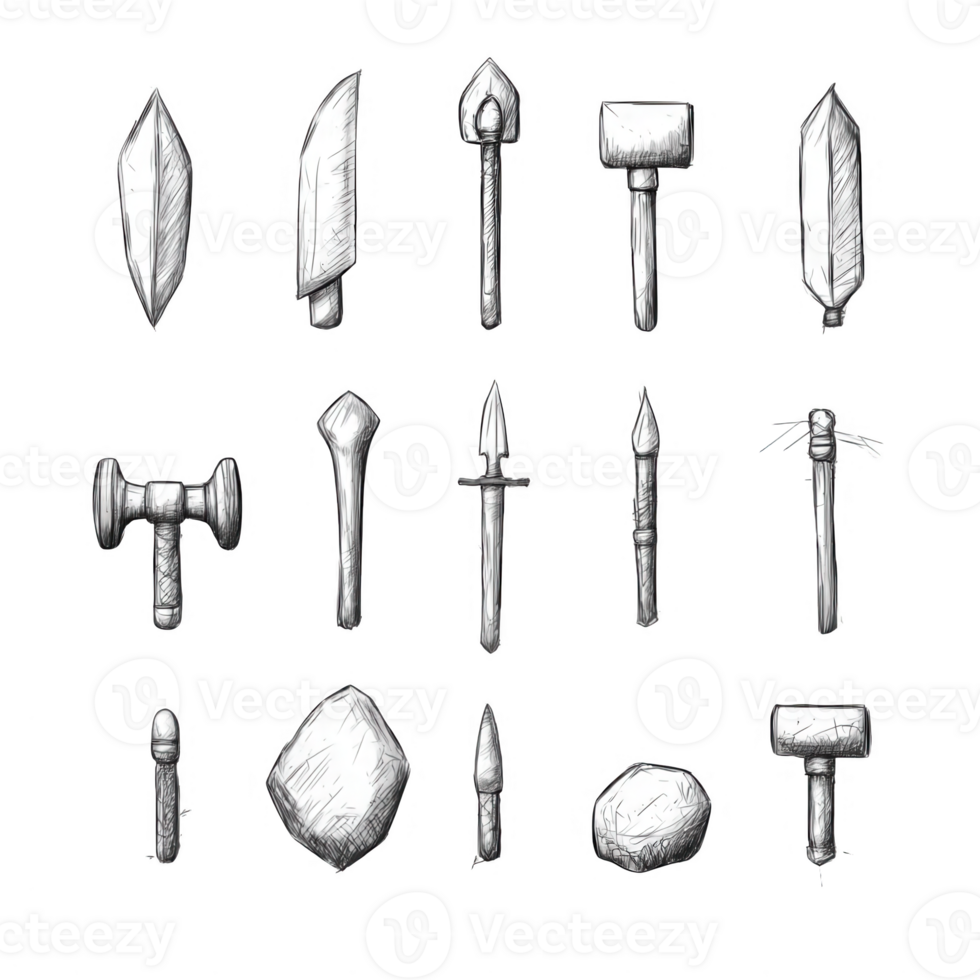 A collection of hand-drawn weapons and tools in a minimalist style, perfect for design. png