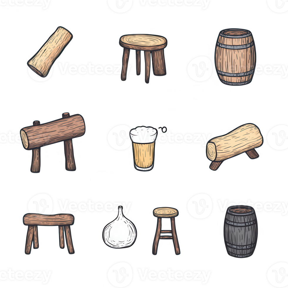 A collection of wood items including logs, stools, and barrels, ideal for rustic themes. png