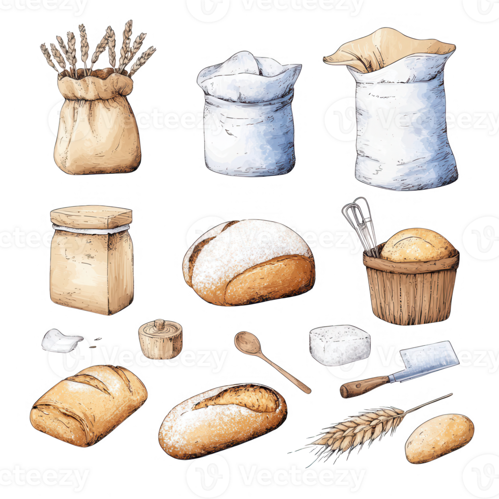 A collection of various bread types and baking ingredients for culinary projects. png