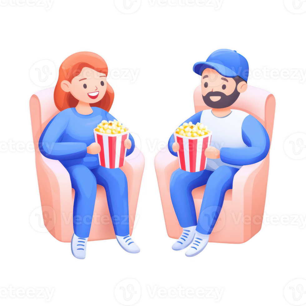 A couple enjoying popcorn together while watching a movie at home. png