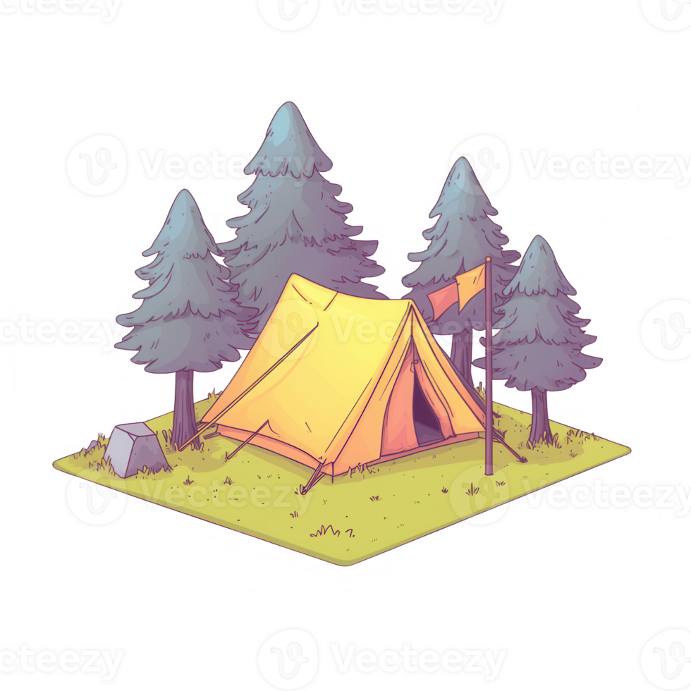 A cozy camping scene featuring a yellow tent surrounded by tall pine trees. png