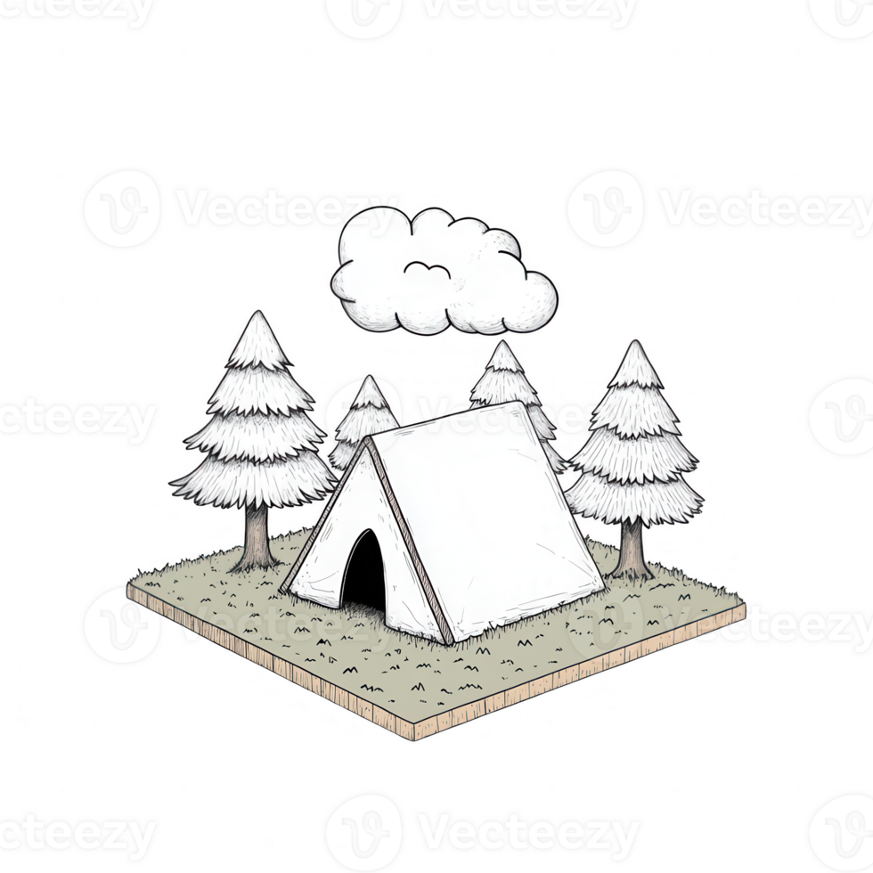 A cozy camping scene with a tent surrounded by pine trees and a fluffy cloud. png