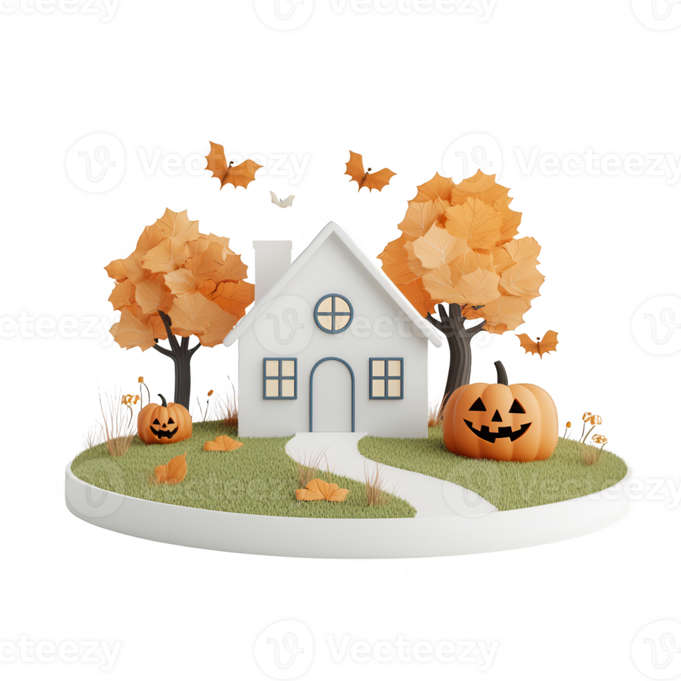 A cozy Halloween-themed house with pumpkins and autumn foliage. png