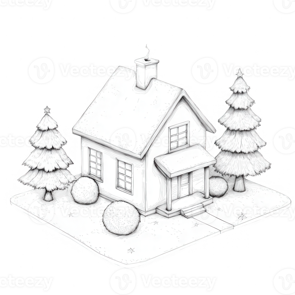 A cozy house with trees and shrubs in a peaceful, serene environment. png