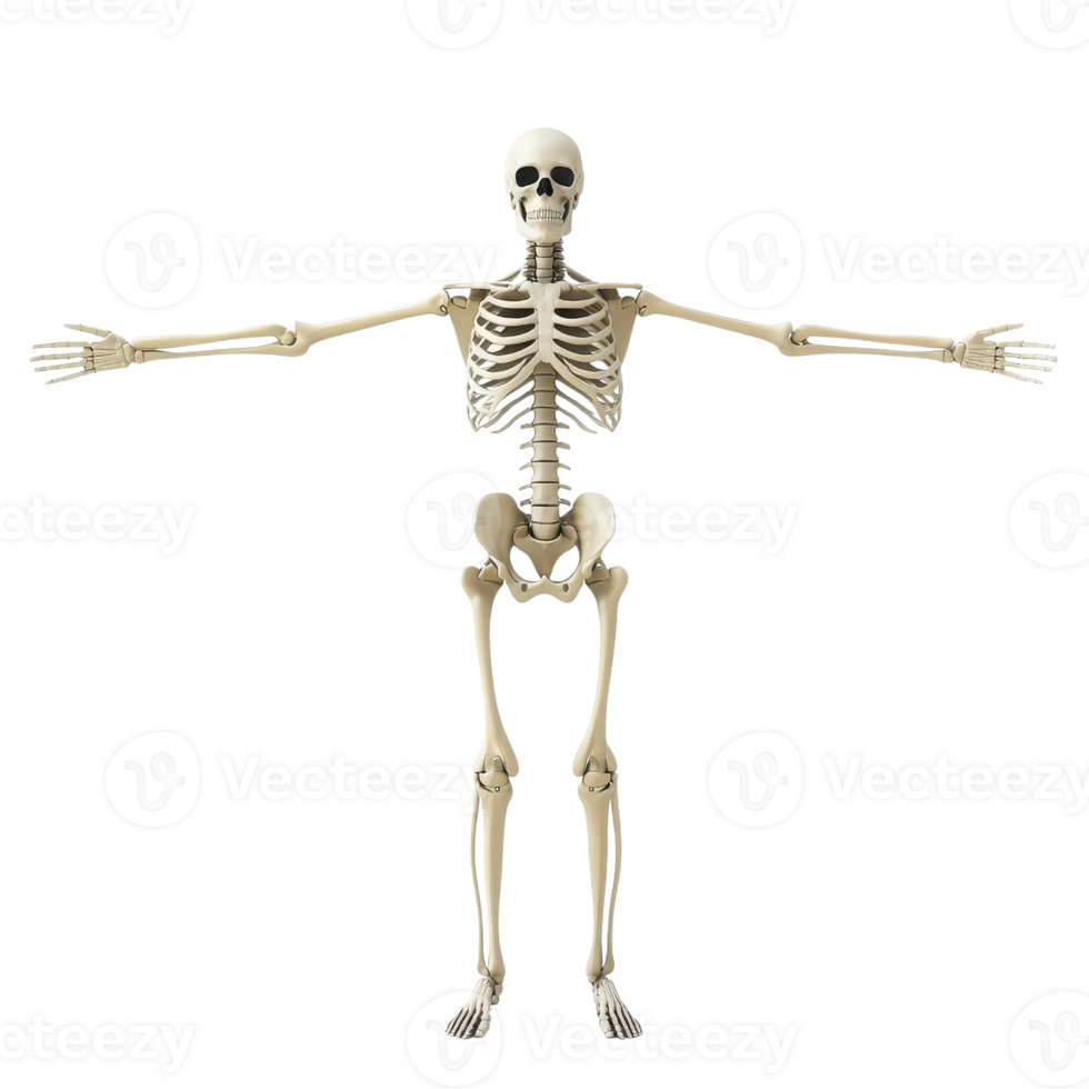 A realistic model of a human skeleton with detailed anatomical features. png