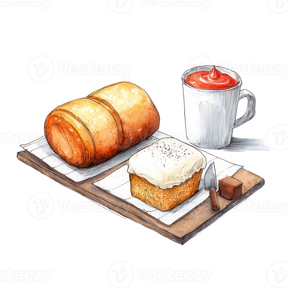 A delicious serving of pastry and hot beverage on a wooden platter. png