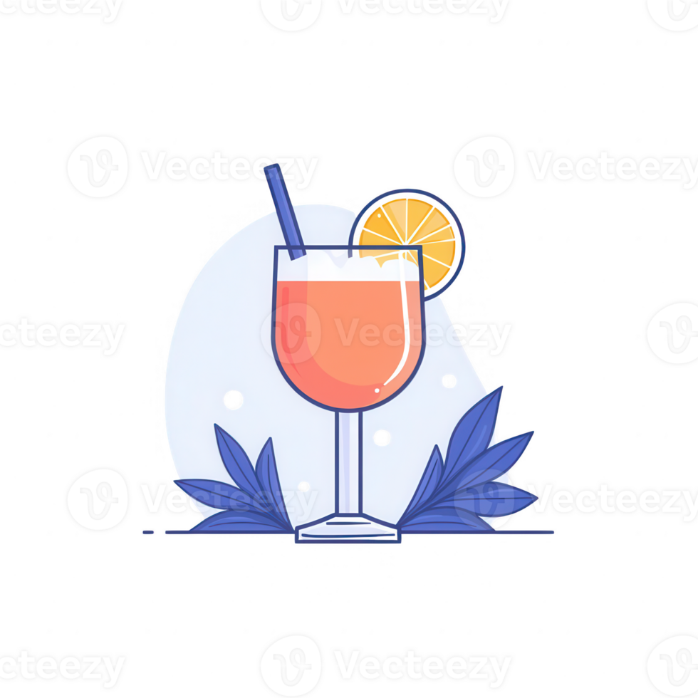 A refreshing cocktail glass garnished with a slice of orange and tropical leaves. png