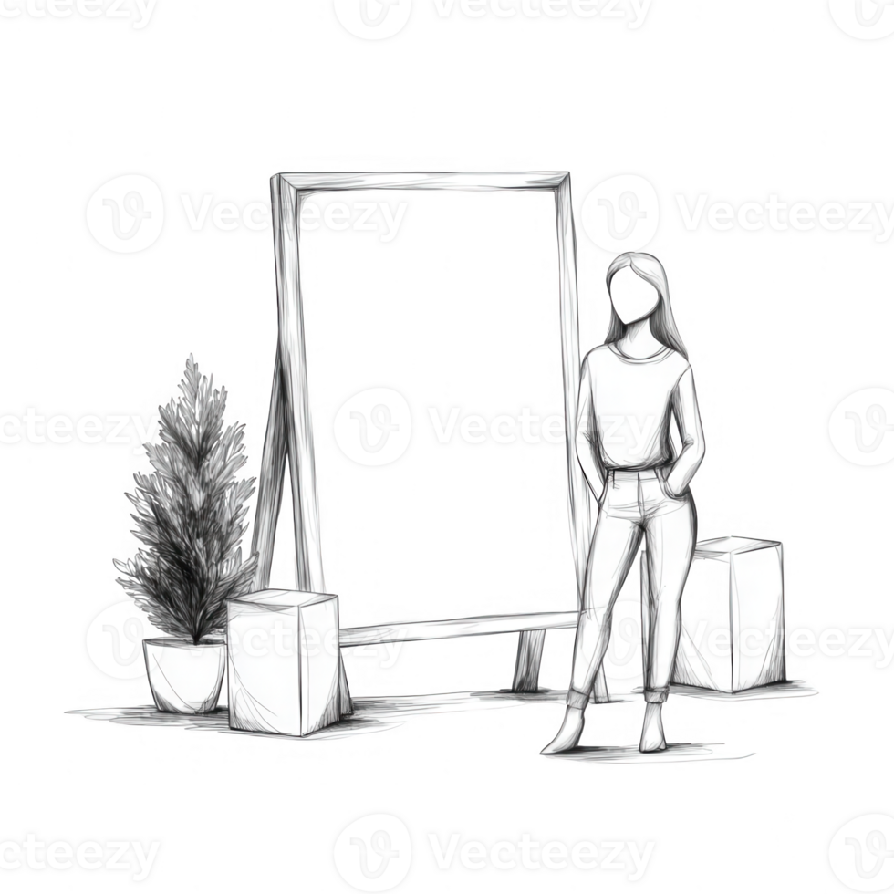 A minimalist sketch of a person next to a decorative wooden frame and plants. png