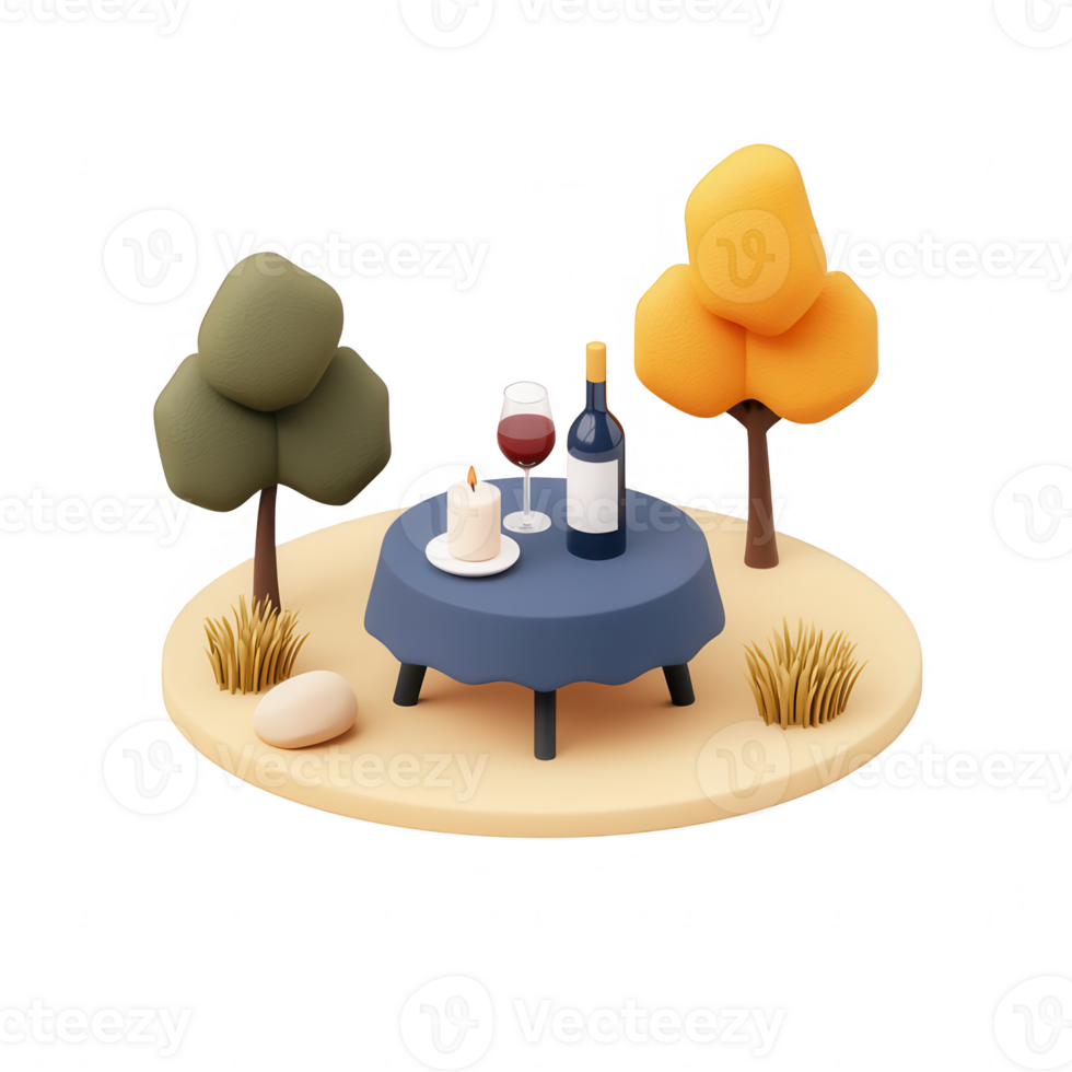 A serene outdoor dining setting with wine, candle, and autumn trees. png
