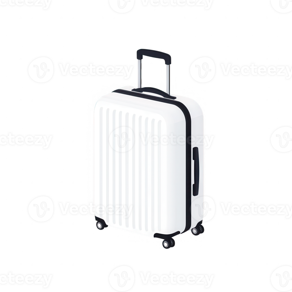A sleek white suitcase ready for travel, featuring a retractable handle and wheels. png