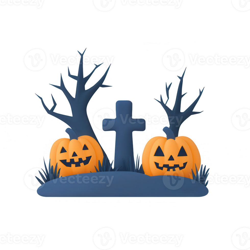 A spooky Halloween scene featuring pumpkins, trees, and a grave marker. png