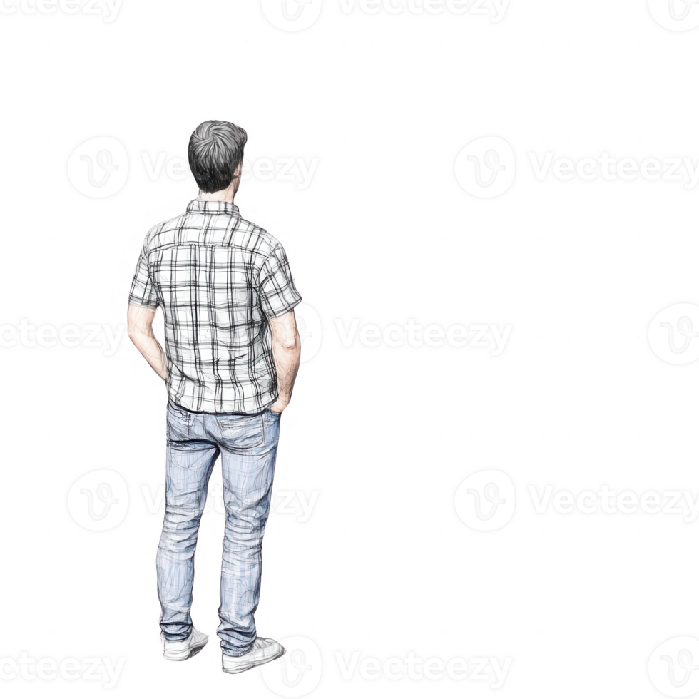 A man standing with his back turned, observing a distant scene in a casual outfit. png