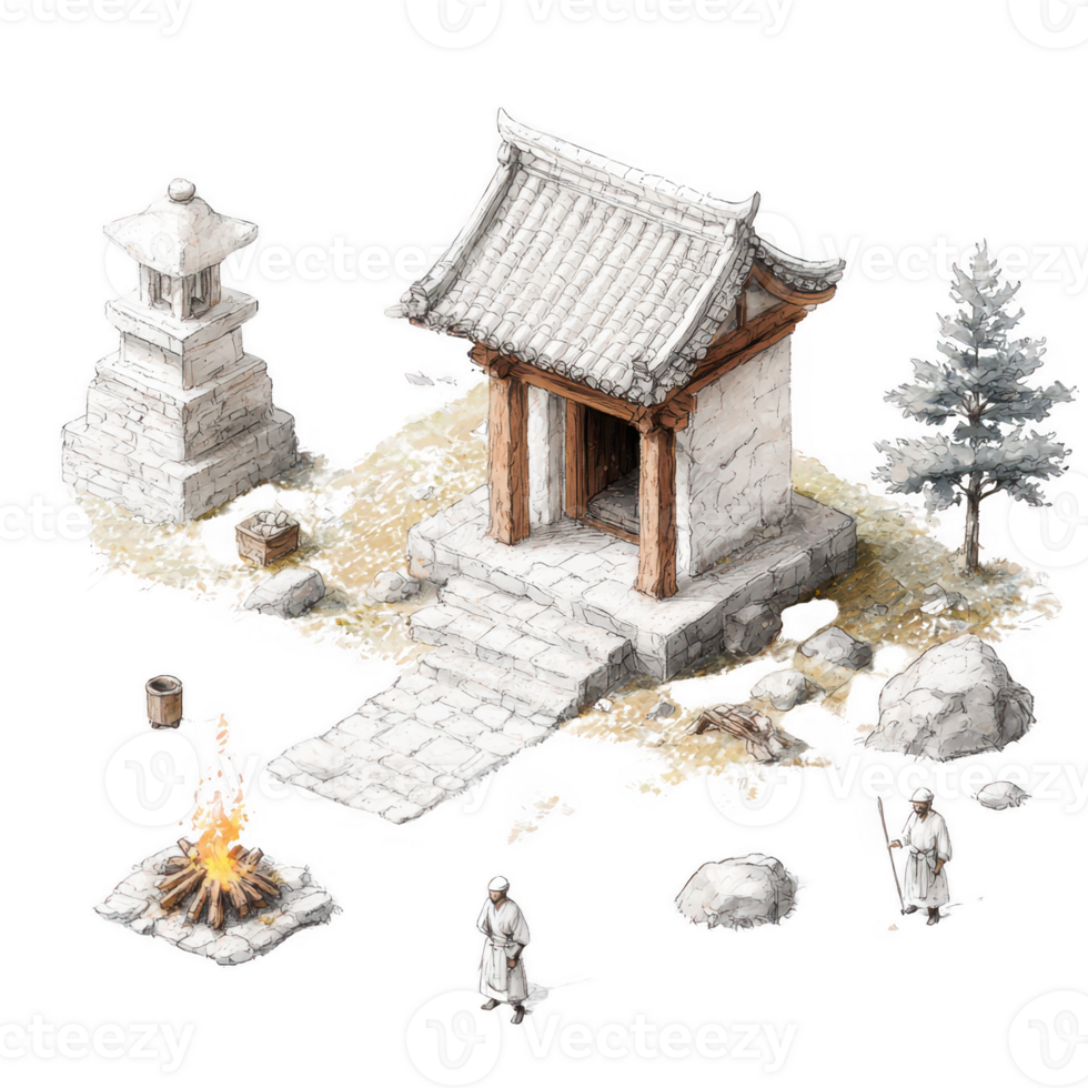 A serene temple scene featuring a traditional building and surrounding nature. png