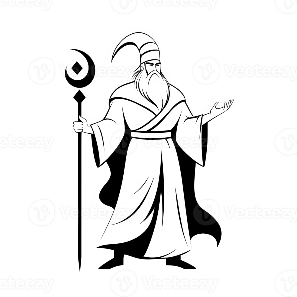 A mystical figure in robes casting spells with a staff, invoking ancient wisdom. png