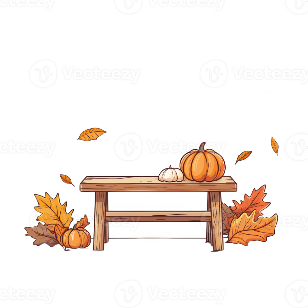 A rustic wooden table adorned with pumpkins and autumn leaves, celebrating fall vibes. png