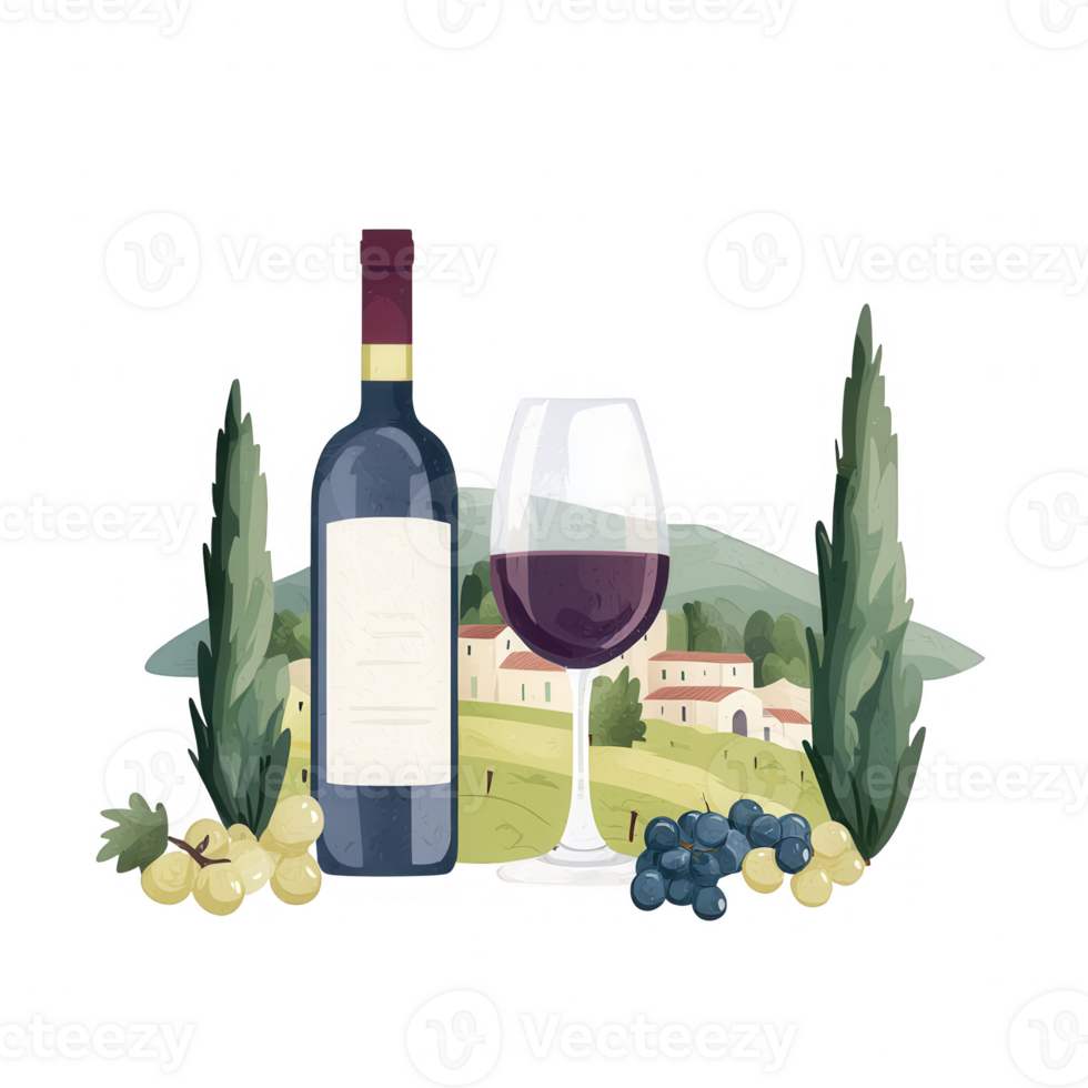 A scenic illustration of wine, grapes, and a beautiful landscape. png