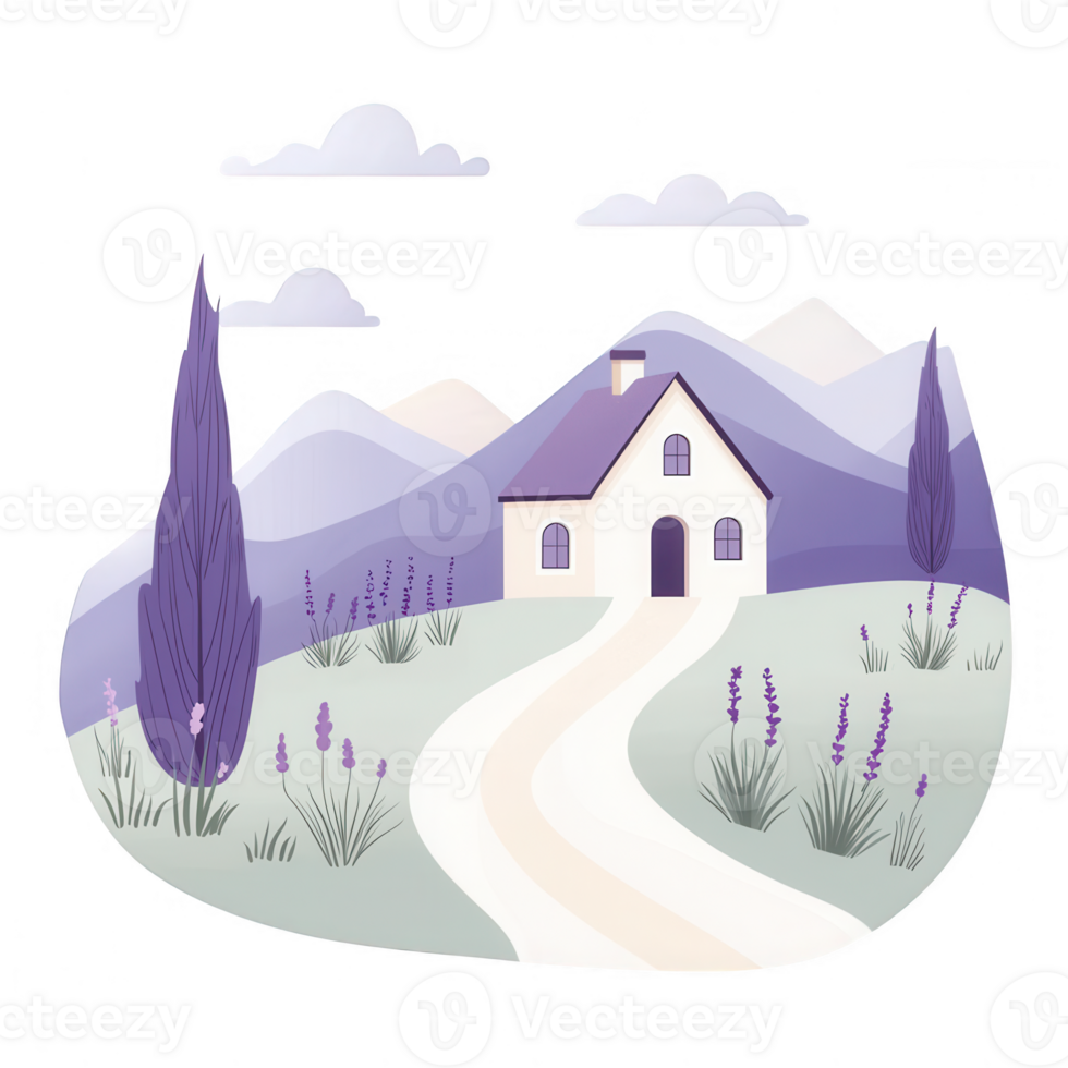 A serene house surrounded by mountains and flowers under a cloudy sky. png