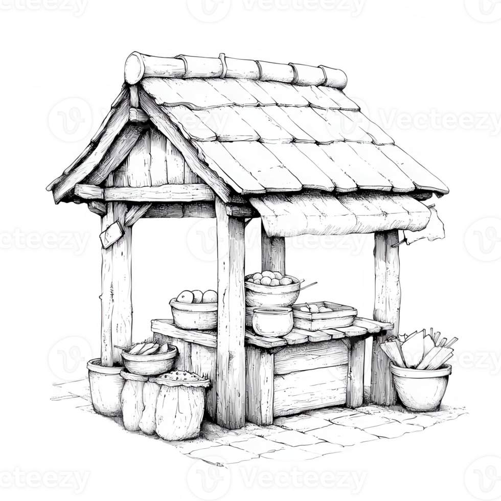 A rustic market stall filled with pots and produce in a serene setting. png