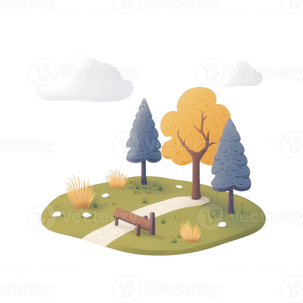 A serene landscape featuring trees and a winding path under fluffy clouds. png