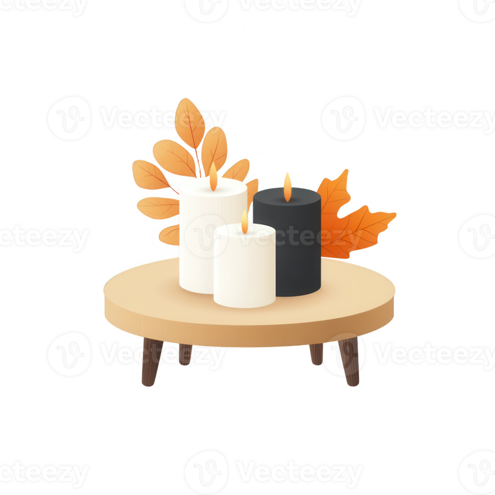 Candles on a wooden table surrounded by autumn leaves for a cozy atmosphere. png