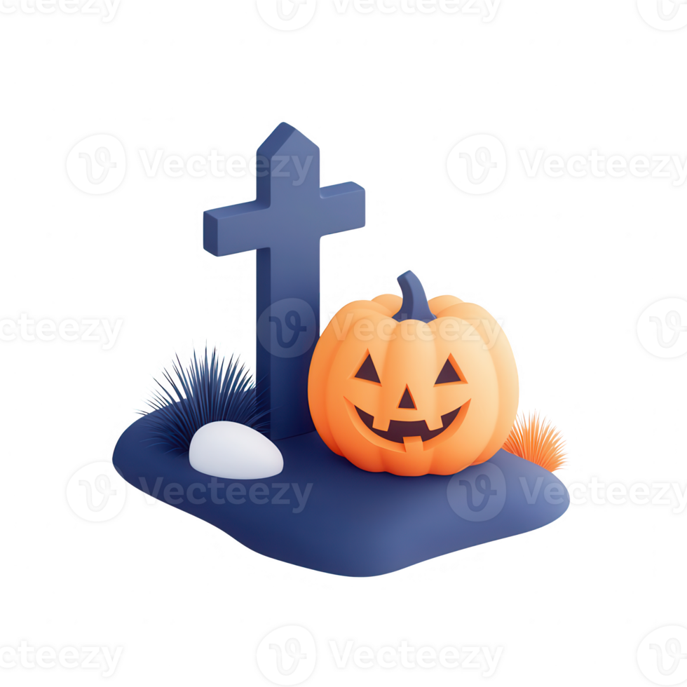 A whimsical Halloween scene with a carved pumpkin and grave marker. png