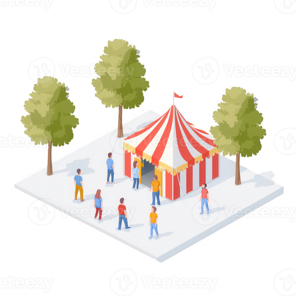 A vibrant carnival scene with a striped tent and cheerful people enjoying the festivities. png