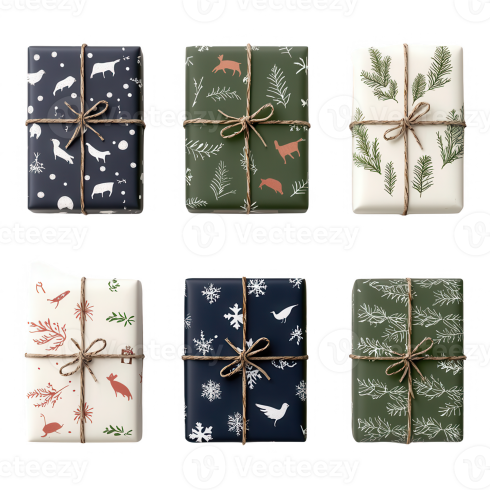 Beautifully wrapped gifts with nature-inspired designs and decorative twine accents. png