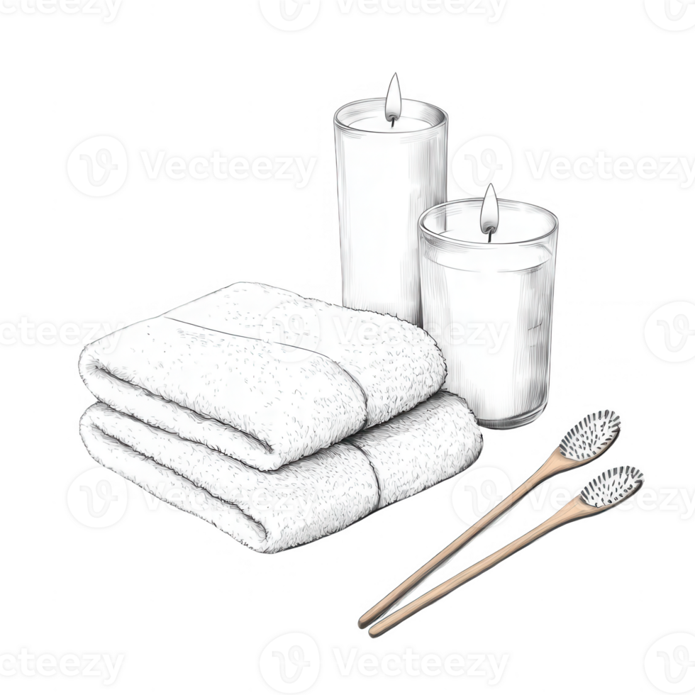 A tranquil spa setup featuring white towels, candles, and bamboo toothbrushes. png