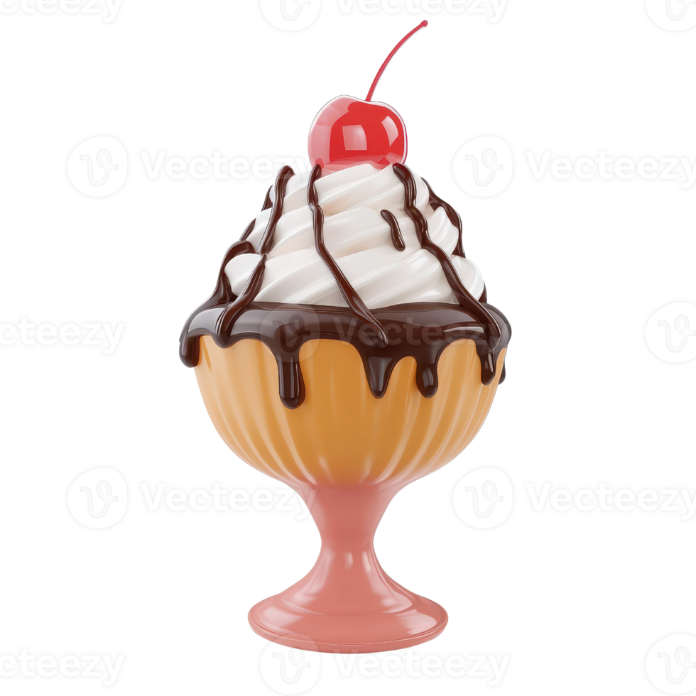 Delicious ice cream sundae topped with chocolate and cherry. png