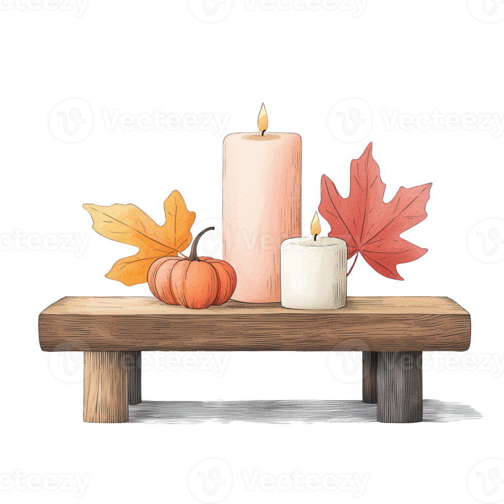 Autumn decor featuring candles, leaves, and a pumpkin on a rustic wooden table. png