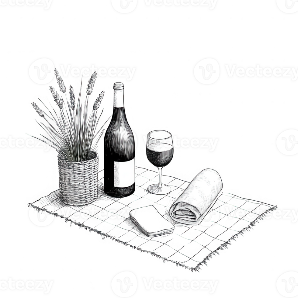 Elegant dining setup with wine, glass, and decorative elements on a checkered tablecloth. png