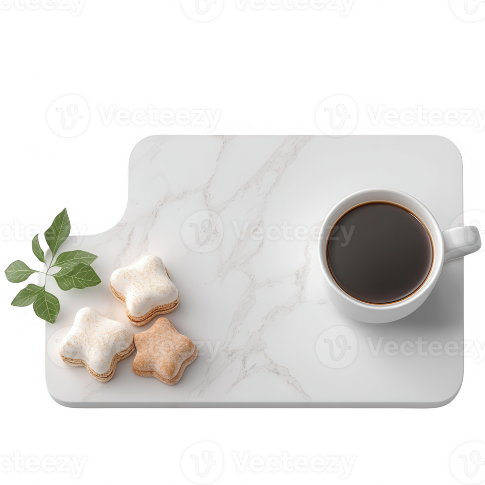 Cup of black coffee with star-shaped cookies on a marble surface. png
