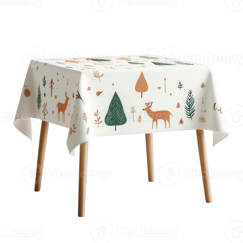 Decorative tablecloth featuring nature-themed patterns with trees and deer. png