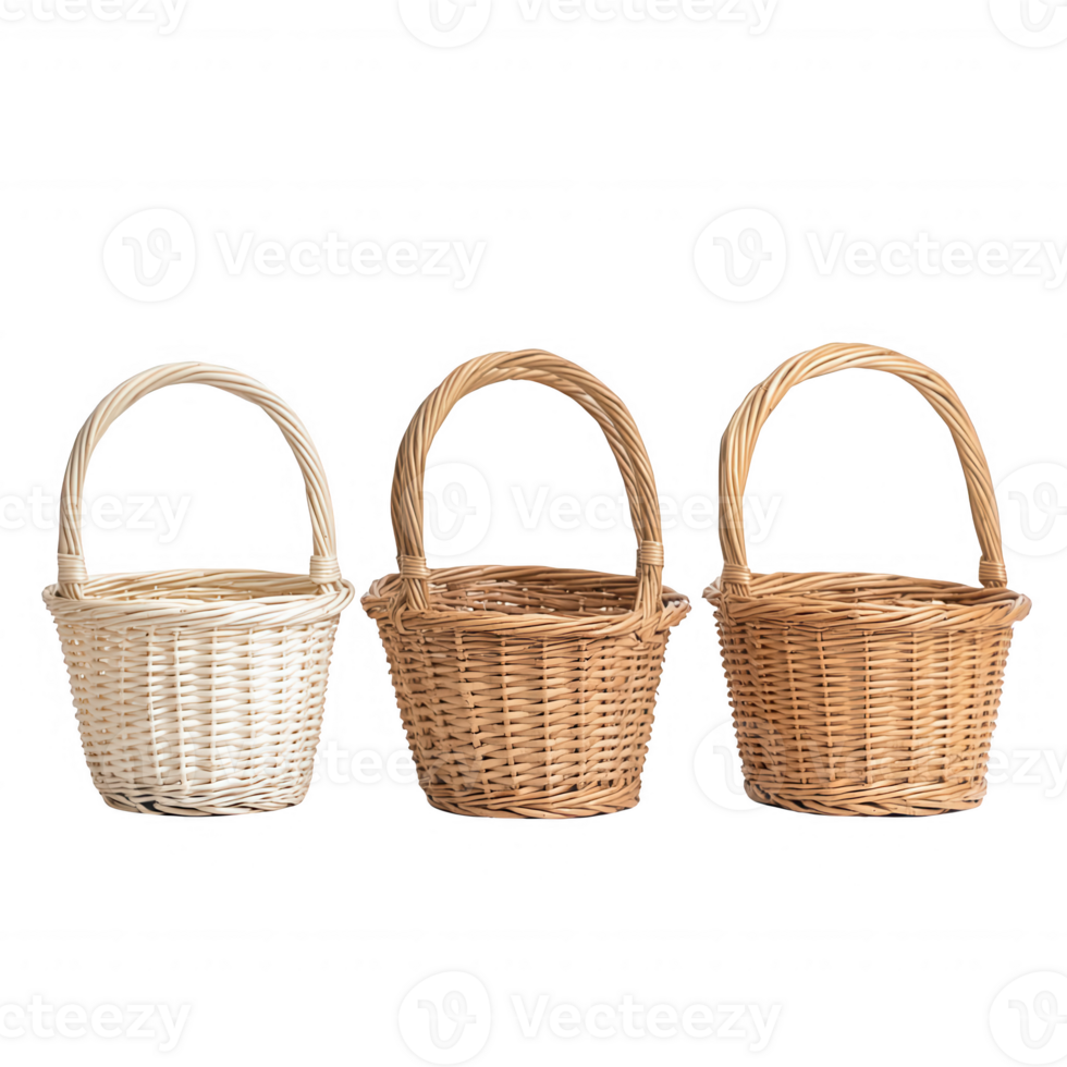 Three wicker baskets in different colors arranged on a white background. png