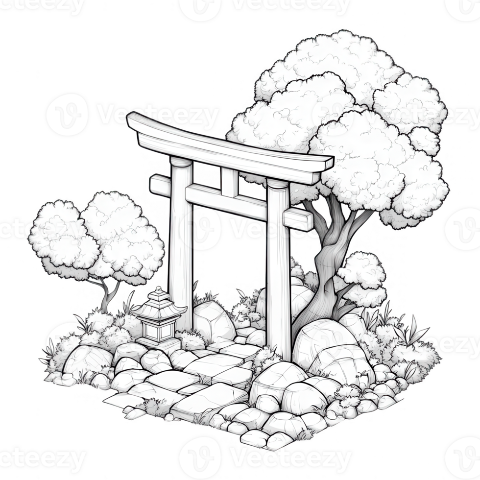 Illustration of a serene garden with a traditional Japanese torii gate. png